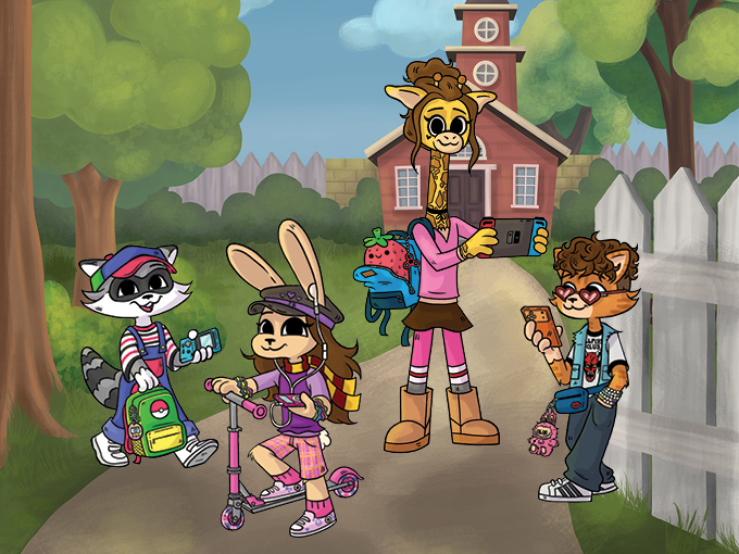 An illustration of different animals dressed as kids from different eras